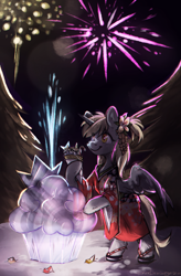 Size: 1462x2228 | Tagged: safe, artist:lonerdemiurge_nail, derpy hooves, alicorn, pony, g4, alicornified, bipedal, bipedal leaning, clothes, commission, derpicorn, female, fireworks, food, hoof hold, ice sculpture, kimono (clothing), leaning, mare, muffin, new year, race swap, smiling, solo