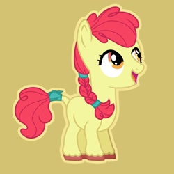 Size: 1440x1440 | Tagged: safe, artist:deermushtoonz, apple bloom, earth pony, pony, g4, braid, female, filly, foal, hair wrap, pigtails, redesign, simple background, solo, tail, tail wrap, twintails, unshorn fetlocks, yellow background