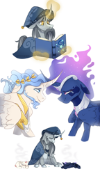 Size: 1280x2226 | Tagged: safe, artist:primrosepaper, princess celestia, princess luna, star swirl the bearded, oc, oc:king morningtide, oc:queen umbra, alicorn, pony, unicorn, g4, baby, baby pony, book, celestia and luna's father, celestia and luna's mother, cewestia, crying, female, filly, foal, horn, horns are touching, male, mare, simple background, stallion, story included, white background, woona, younger