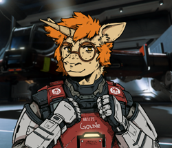 Size: 1463x1261 | Tagged: safe, artist:dwcmarshalarts, oc, oc:golden autumn, unicorn, anthro, armor, equine, freckles, glasses, horn, male, medic, round glasses, science fiction, solo, star citizen, unicorn oc