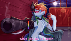 Size: 3500x2000 | Tagged: safe, artist:greenmaneheart, rainbow dash, cyborg, cyborg pony, pegasus, pony, elements of insanity, g4, belly, can, chest fluff, concave belly, high res, moon, night, rainbine, rainbine ears, slender, smoking gun, solo, thin, weapon