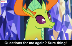 Size: 1920x1235 | Tagged: safe, edit, edited screencap, screencap, thorax, changedling, changeling, comic:celestia's servant interview, g4, triple threat, bronybait, caption, cs captions, cute, cuteling, detailed background, image macro, interview, king thorax, male, smiling, solo, text, thorabetes, twilight's castle