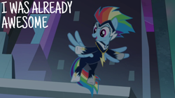 Size: 1920x1080 | Tagged: safe, edit, edited screencap, editor:quoterific, screencap, rainbow dash, zapp, pegasus, pony, g4, power ponies (episode), season 4, female, mare, open mouth, open smile, power ponies, smiling, solo, spread wings, superhero, wings