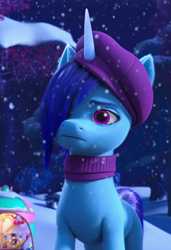 Size: 720x1050 | Tagged: safe, screencap, onyx, pony, unicorn, g5, my little pony: make your mark, winter wishday, spoiler:g5, beret, clothes, cropped, female, hat, mare, scarf, snow, snowfall, solo