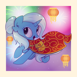 Size: 2000x2000 | Tagged: safe, artist:candy meow, trixie, pony, unicorn, g4, :d, bag, cape, chest fluff, china, chinese, chinese new year, cloak, clothes, cute, diatrixes, ear fluff, fireworks, high res, lantern, lunar new year, open mouth, open smile, paper lantern, smiling, solo