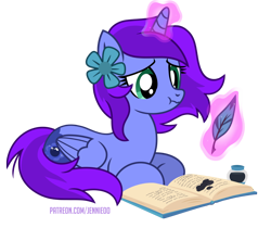 Size: 900x756 | Tagged: safe, artist:jennieoo, oc, oc only, oc:aliss, alicorn, pony, alicorn oc, book, gift art, glowing, glowing horn, horn, ink, inkwell, magic, magic aura, patreon, patreon reward, puffy cheeks, quill, sad, scrunchy face, show accurate, simple background, solo, telekinesis, transparent background, vector, wings