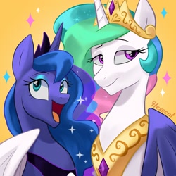 Size: 2500x2500 | Tagged: safe, artist:hexecat, princess celestia, princess luna, alicorn, pony, bust, crown, duo, duo female, eyebrows, female, happy, high res, hug, jewelry, open mouth, open smile, regalia, royal sisters, siblings, signature, simple background, sisters, smiling, sparkles, winghug, wings, yellow background