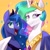 Size: 2500x2500 | Tagged: safe, artist:hexe_cat, princess celestia, princess luna, alicorn, pony, bust, crown, duo, duo female, eyebrows, female, happy, high res, hug, jewelry, open mouth, open smile, regalia, royal sisters, siblings, signature, simple background, sisters, smiling, sparkles, winghug, wings, yellow background