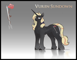 Size: 3800x3000 | Tagged: safe, alternate version, artist:nsilverdraws, artist:veen, oc, oc only, oc:vuren sundown, pony, unicorn, arrow, bowtie, cane, cutie mark, female, gradient background, high res, horn, long horn, mare, reference sheet, reflection, solo, sundown clan, unicorn oc