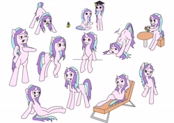 Size: 4060x2880 | Tagged: safe, artist:applelord, oc, oc only, oc:nightapple star, pony, unicorn, beach chair, bipedal, chair, food, graduation cap, hat, sandwich, simple background, solo, stretching, white background