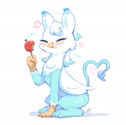 Size: 2048x2024 | Tagged: safe, artist:bubbletea, oc, oc only, oc:uki, griffon, apple, blushing, candy apple, eating, eyes closed, food, griffonized, happy, heart, high res, simple background, smiling, solo, species swap, white background