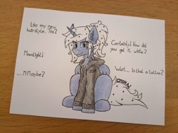 Size: 4032x3024 | Tagged: safe, artist:cmdraj, princess luna, alicorn, pony, g4, alternate hairstyle, clothes, ear piercing, hoodie, mass effect, piercing, solo, tattoo, text, traditional art