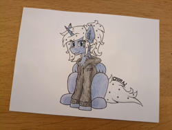 Size: 4032x3024 | Tagged: safe, alternate version, artist:cmdraj, princess luna, alicorn, pony, g4, alternate hairstyle, clothes, ear piercing, hoodie, mass effect, piercing, solo, tattoo, text, traditional art