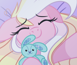 Size: 1956x1664 | Tagged: safe, artist:emberslament, oc, oc only, oc:bay breeze, pegasus, pony, rabbit, animal, bed, cute, eyes closed, female, hoof hold, mare, pegasus oc, plushie, selfie, smiling, solo, unmoving plaid