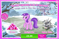 Size: 1956x1297 | Tagged: safe, gameloft, amethyst star, sparkler, bugbear, pony, unicorn, g4, my little pony: magic princess, advertisement, costs real money, english, female, flower, gem, horn, introduction card, mare, mobile game, numbers, sale, solo, statue, text