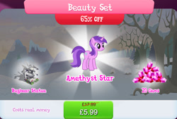 Size: 1263x856 | Tagged: safe, gameloft, amethyst star, sparkler, bugbear, pony, unicorn, g4, my little pony: magic princess, bundle, costs real money, english, female, flower, gem, horn, mare, mobile game, numbers, sale, solo, statue, text