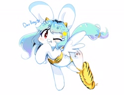 Size: 2048x1626 | Tagged: safe, artist:bubbletea, oc, oc only, oc:uki, pegasus, pony, blushing, clothes, costume, flying, looking at you, lum invader, one eye closed, simple background, smiling, solo, spread wings, urusei yatsura, white background, wings, wink, winking at you