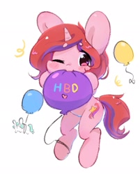 Size: 1648x2048 | Tagged: safe, artist:bubbletea, oc, oc only, pony, unicorn, :3, balloon, chewing, eating, happy birthday, mouth hold, nom, one eye closed, simple background, solo, white background, wink