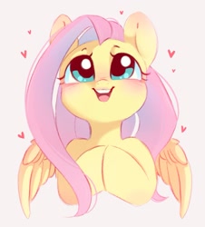 Size: 961x1061 | Tagged: safe, artist:melodylibris, fluttershy, pegasus, pony, g4, blushing, bust, cute, daaaaaaaaaaaw, ear blush, female, floating heart, full face view, heart, hooves together, looking up, mare, open mouth, open smile, shyabetes, simple background, smiling, solo, spread wings, white background, wings