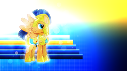 Size: 3840x2160 | Tagged: safe, artist:chainchomp2 edits, artist:game-beatx14, edit, flash sentry, pegasus, pony, g4, three's a crowd, armor, clothes, high res, male, royal guard, solo, spread wings, stallion, wallpaper, wallpaper edit, wings