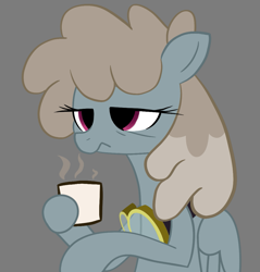 Size: 1035x1083 | Tagged: safe, artist:anonymous, dust devil, pegasus, pony, g4, bust, coffee, coffee mug, female, goggles, holding, mare, mug, portrait, simple background, solo, tired, wings