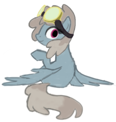 Size: 409x428 | Tagged: safe, artist:anonymous, dust devil, pegasus, pony, g4, female, goggles, goggles on head, looking at you, looking back, looking back at you, mare, raised hoof, simple background, sitting, smiling, smiling at you, solo, white background, wings