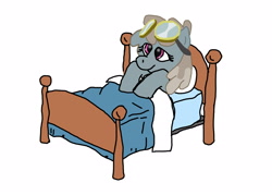 Size: 3500x2500 | Tagged: safe, artist:anonymous, dust devil, pegasus, pony, g4, bed, bedsheets, female, goggles, goggles on head, high res, mare, pillow, simple background, sleepy, solo, white background, wings