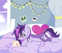 Size: 5178x4416 | Tagged: safe, artist:pritonhells, oc, oc only, oc:dreaming bell, pony, unicorn, base used, bed, bed sheets, bedroom, book, commission, cute, female, heart, heart pillow, horn, lying down, mare, photos, pillow, reading, relaxing, show accurate, solo, string lights, unicorn oc, ych result