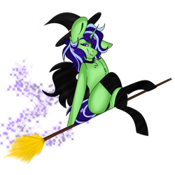 Size: 6000x6000 | Tagged: safe, artist:dejji_vuu, oc, oc only, pony, unicorn, broom, clothes, female, flying, flying broomstick, hat, mare, ponies sitting like humans, simple background, socks, solo, striped socks, transparent background, witch hat