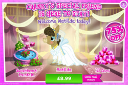 Size: 1959x1301 | Tagged: safe, gameloft, matilda, donkey, g4, my little pony: magic princess, advertisement, bush, clothes, costs real money, dress, ear piercing, earring, english, eyeshadow, female, flower, fountain, gem, introduction card, jenny, jewelry, makeup, mobile game, numbers, piercing, sale, solo, statue, text, veil, wedding dress