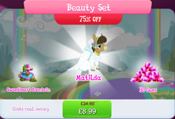 Size: 1271x864 | Tagged: safe, gameloft, matilda, donkey, g4, my little pony: magic princess, bundle, bush, clothes, costs real money, dress, ear piercing, earring, english, eyeshadow, female, flower, fountain, gem, jenny, jewelry, makeup, mobile game, numbers, piercing, sale, solo, statue, text, veil, wedding dress