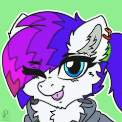Size: 2000x2000 | Tagged: safe, artist:sorajona, oc, oc:sugar, oc:sugar rush, pegasus, pony, :p, adorable face, blue eyes, chest fluff, clothes, cute, ear fluff, eyelashes, fluffy, high res, hoodie, looking at you, makeup, one eye closed, piercing, ponytail, solo, tongue out, white fur, wink, winking at you