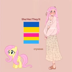 Size: 2048x2048 | Tagged: safe, artist:cryweas, fluttershy, human, pegasus, pony, g4, alternate hairstyle, blushing, clothes, feet, female, high res, humanized, mare, pansexual, pansexual pride flag, pink background, pride, pride flag, reference sheet, sandals, shirt, simple background, skirt, solo, ukraine