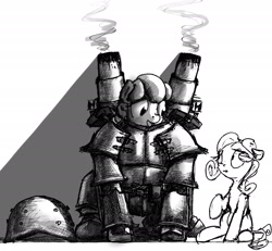 Size: 1927x1778 | Tagged: safe, artist:uteuk, shady, oc, oc:natrix capefiv, earth pony, pony, armor, black and white, duo, female, grayscale, hatching (technique), helmet, iron harvest, mare, monochrome, mortar, simple background, smoke, weapon, white background
