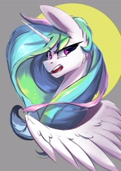 Size: 2480x3508 | Tagged: safe, artist:i love hurt, princess celestia, alicorn, pony, g4, bust, canines, celestia is not amused, ear fluff, eyebrows, eyebrows visible through hair, eyelashes, female, lidded eyes, mare, nimbus, open mouth, portrait, simple background, solo, teeth, unamused, wings