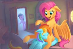 Size: 3214x2143 | Tagged: safe, artist:foxpit, fluttershy, rainbow dash, twilight sparkle, pegasus, pony, unicorn, g4, chest fluff, female, floppy ears, folded wings, high res, hug, lesbian, mare, misleading thumbnail, open door, open mouth, partially open wings, ship:flutterdash, shipping, slender, surprised, thin, trio, unicorn twilight, wings