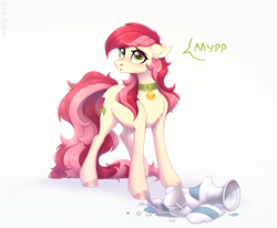 Size: 2430x2004 | Tagged: safe, artist:sparkling_light, roseluck, earth pony, pony, g4, behaving like a cat, broken vase, collar, commission, commissioner:doom9454, cute, cyrillic, dialogue, floppy ears, high res, onomatopoeia, pet tag, pony pet, purring, rosepet, russian, simple background, solo, speech bubble, translated in the description, white background