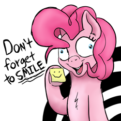 Size: 3268x3268 | Tagged: safe, artist:doodledonutart, pinkie pie, earth pony, pony, g4, creepy, creepy smile, derp, female, high res, smiley face, smiling, solo, sticky note