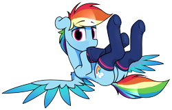 Size: 5406x3483 | Tagged: safe, artist:dacaoo, rainbow dash, pegasus, pony, g4, butt, clothes, colored wings, dock, featureless crotch, female, looking at you, lying down, mare, multicolored wings, on back, plot, rainbutt dash, simple background, socks, solo, tail, transparent background, wings