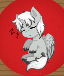 Size: 1487x1760 | Tagged: safe, artist:foxx_grey_art, oc, oc only, alicorn, pony, alicorn oc, commission, gray coat, horn, onomatopoeia, sleeping, snoring, solo, sound effects, white mane, wings, ych result, zzz