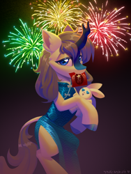 Size: 1500x2000 | Tagged: safe, artist:rrd-artist, oc, oc only, oc:frosty tundra, kirin, rabbit, animal, bipedal, cheongsam, chinese new year, clothes, cloven hooves, commission, crossdressing, dress, fireworks, kirin oc, looking at you, mouth hold, plushie, solo