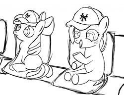 Size: 1280x984 | Tagged: safe, artist:rylice, apple bloom, babs seed, earth pony, pony, g4, adorababs, baseball cap, cap, cousins, cute, female, filly, foal, hat, lineart, new york mets, simple background, sitting, white background