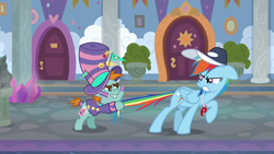 Size: 1280x720 | Tagged: safe, screencap, rainbow dash, snips, pegasus, pony, unicorn, 2 4 6 greaaat, g4, angry, baseball cap, cap, clothes, coach rainbow dash, colt, duo, duo male and female, female, flag, foal, gritted teeth, hat, looking at each other, looking at someone, male, mare, rainbow dash is not amused, rainbow dashs coaching whistle, school of friendship, snips is not amused, tail, tail pull, teeth, unamused, whistle, whistle necklace