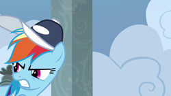 Size: 1280x720 | Tagged: safe, screencap, rainbow dash, pegasus, pony, 2 4 6 greaaat, g4, angry, coach rainbow dash, female, glare, gritted teeth, implied snips, looking back, mare, offscreen character, rainbow dash is not amused, school of friendship, solo, teeth, unamused
