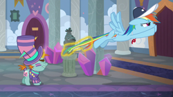 Size: 1280x720 | Tagged: safe, screencap, rainbow dash, snips, pegasus, pony, unicorn, 2 4 6 greaaat, g4, baseball cap, cap, clothes, coach rainbow dash, colt, duo, duo male and female, eyes closed, face paint, female, flag, flying, foal, glowing, glowing horn, gritted teeth, hat, horn, magic, male, mare, rainbow dashs coaching whistle, school of friendship, tail, tail pull, teeth, whistle, whistle necklace
