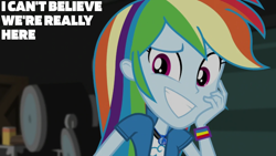 Size: 1920x1080 | Tagged: safe, edit, edited screencap, editor:quoterific, screencap, rainbow dash, human, equestria girls, g4, movie magic, spoiler:eqg specials, dreamworks face, female, geode of super speed, grin, hand on cheek, magical geodes, smiling, solo, text