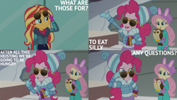 Size: 2000x1125 | Tagged: safe, edit, edited screencap, editor:quoterific, screencap, fluttershy, pinkie pie, sunset shimmer, bird, human, owl, equestria girls, equestria girls specials, g4, my little pony equestria girls: better together, my little pony equestria girls: holidays unwrapped, winter break-in