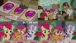 Size: 2000x1125 | Tagged: safe, edit, edited screencap, editor:quoterific, screencap, apple bloom, scootaloo, snap shutter, sweetie belle, earth pony, pegasus, pony, unicorn, g4, the last crusade, apple bloom's bow, bow, cutie mark crusaders, father and child, father and daughter, female, filly, foal, frown, hair bow, male, open mouth, open smile, pointing, sad, scootasad, smiling, spread wings, stallion, the cmc's cutie marks, wings