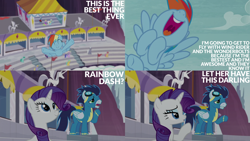 Size: 2000x1125 | Tagged: safe, edit, edited screencap, editor:quoterific, screencap, cloud kicker, daisy, dizzy twister, flower wishes, linky, orange swirl, perry pierce, pokey pierce, rainbow dash, rarity, royal riff, sea swirl, seafoam, shoeshine, soarin', spring melody, sprinkle medley, star bright, sunshower raindrops, pegasus, pony, unicorn, g4, rarity investigates, background pony, blue eyeshadow, clothes, confused, cute, darling, dashabetes, excited, eyes closed, eyeshadow, female, flying, goggles, goggles on head, grin, gritted teeth, happy, looking at someone, looking up, makeup, male, mare, nose in the air, open mouth, open smile, smiling, stallion, teeth, trio focus, uniform, wonderbolts uniform