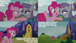 Size: 2000x1125 | Tagged: safe, edit, edited screencap, editor:quoterific, screencap, maud pie, pinkie pie, earth pony, pony, g4, rock solid friendship, door, duo, duo female, eyeshadow, female, frown, grin, makeup, mare, open mouth, open smile, pie sisters, raised hoof, siblings, sisters, smiling, stairs, twilight's castle